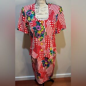 Teri Jon Rickie Freeman Red White Purple Vintage Designer Skirt Suit Sz 8
